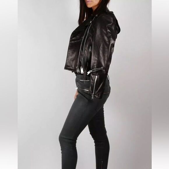 Rare! RtA Lambskin Leather Black Jeans Skinny Mid Waist Zip Pants Size 28 - Picture 5 of 11